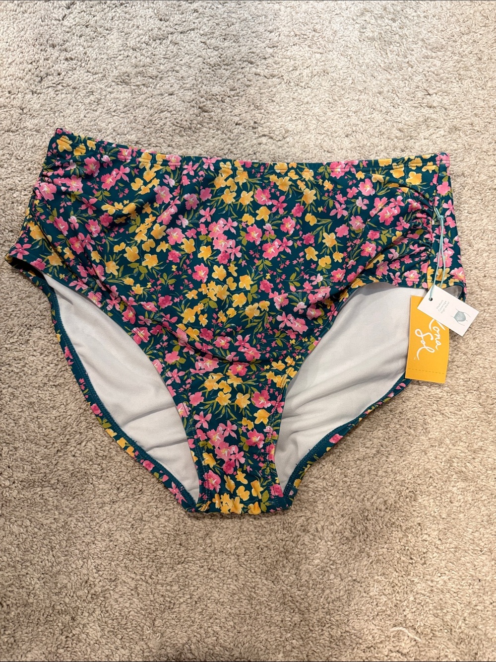 Floral High-Waist Kona Sol Bikini Bottoms in Teal with Pink & Yellow Flowers